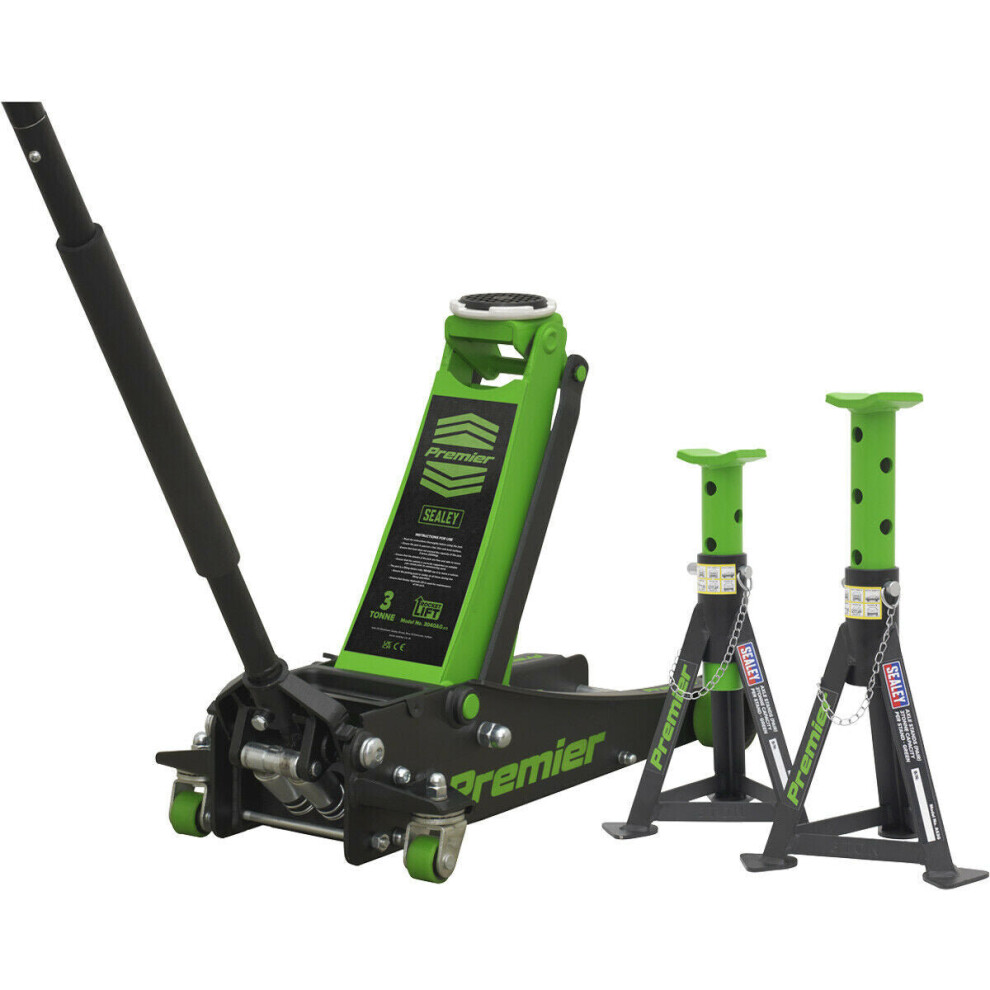 Twin Piston Hydraulic Trolley Jack & 2 x Axle Stands Kit - 3000kg Limit - Green