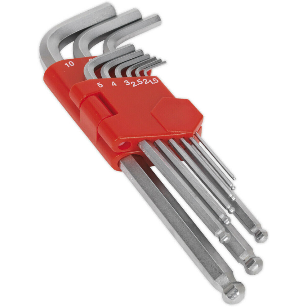 9 Piece Long Ball-End Hex Key Set -  79 - 180mm Length - 1.5mm to 10mm Size