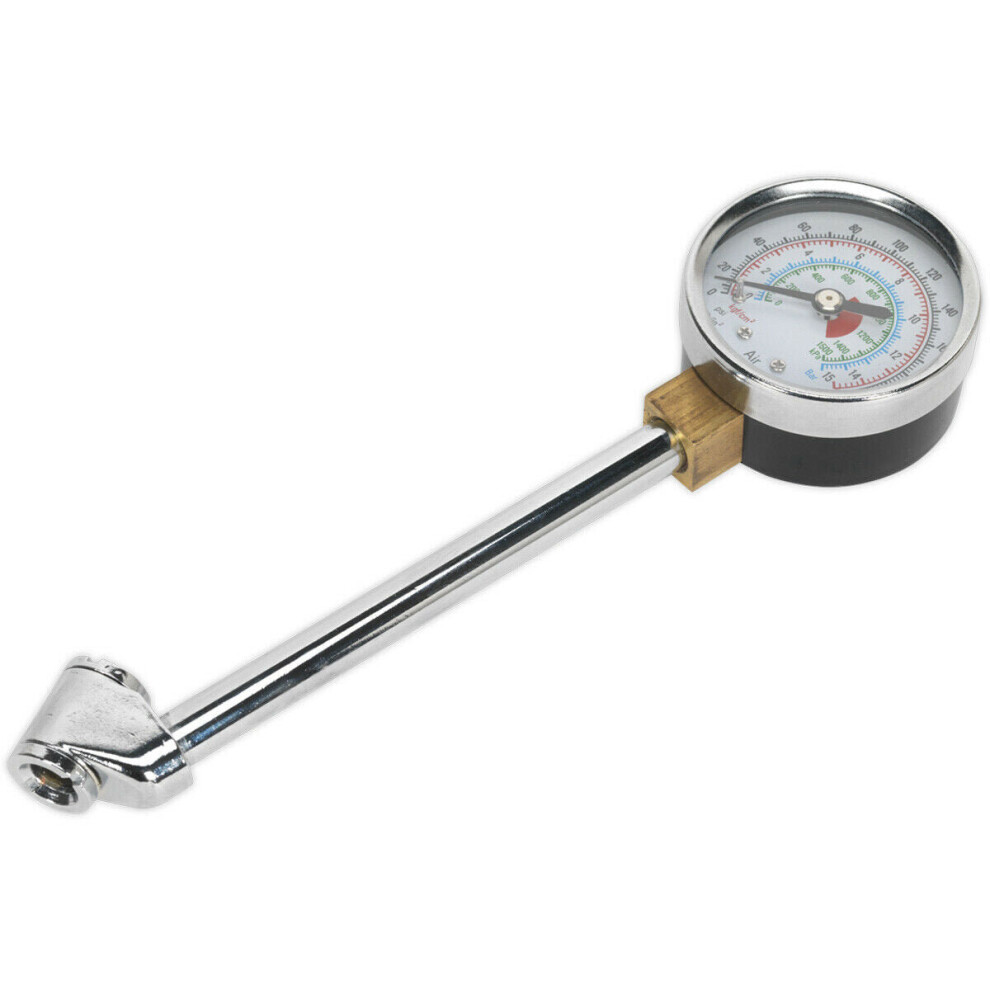 220psi Premium Tyre Pressure Gauge - Twin Connector Long Reach Arm & Metal Body