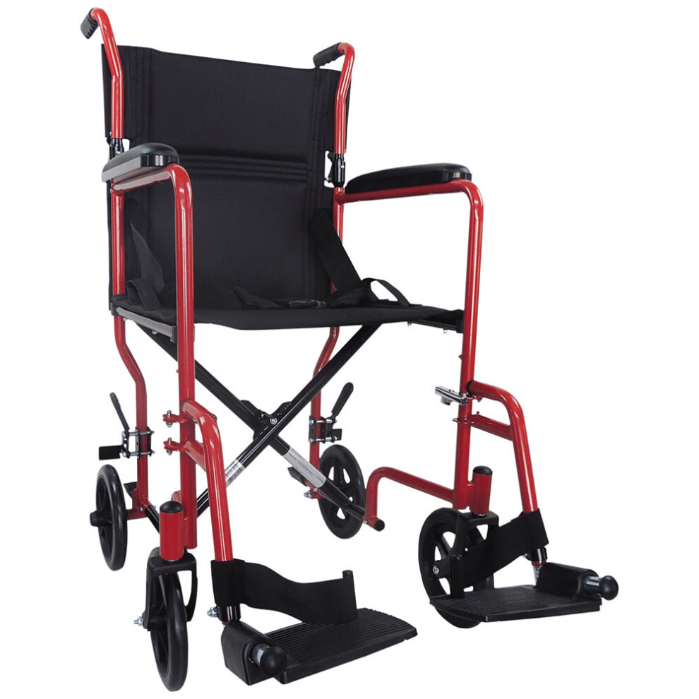 Loops Lightweight Steel Compact Attendant Propelled Transit Wheelchair - Red