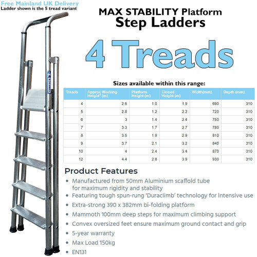 Loops 1m MAX STABILITY Platform Step Ladders 4 Tread Anti Slip Aluminium DIY Steps 1