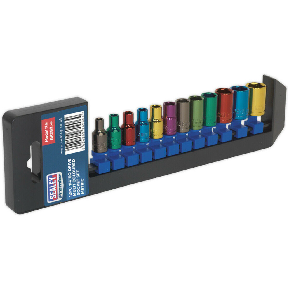 12 PACK Multi Colour Socket Set 1/4" Metric Square Drive - 6 Pt WallDrive Torque