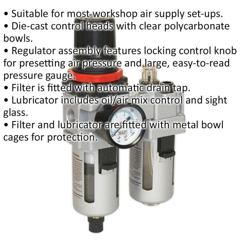 Loops Air Supply Filter Regulator & Lubricator - 3/8" BSP Inlet - 55cfm Max Airflow 1
