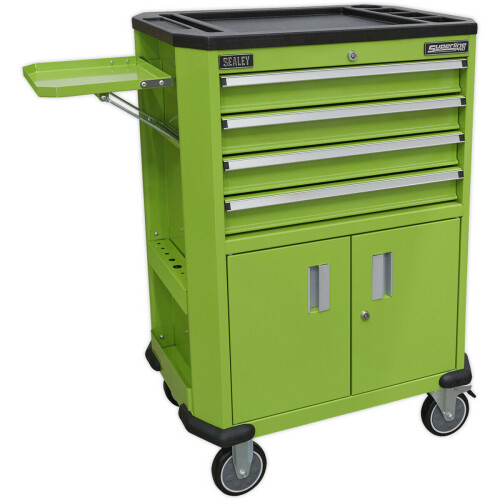 Loops Mobile Tool Trolley - 4 Drawer & 2 Cupboard Workshop Trolley - Folding Side Tray