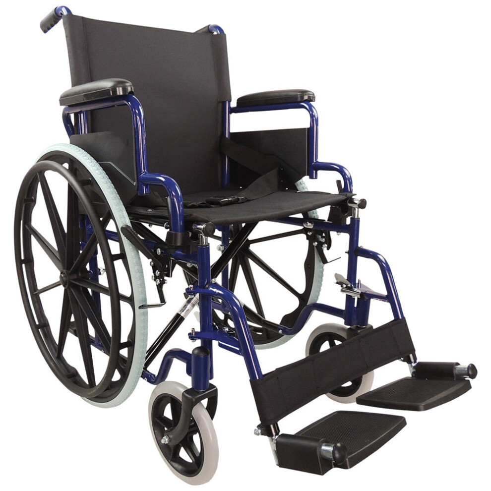 Lightweight Self Propelled Steel Transit Wheelchair - Foldable Design - Blue