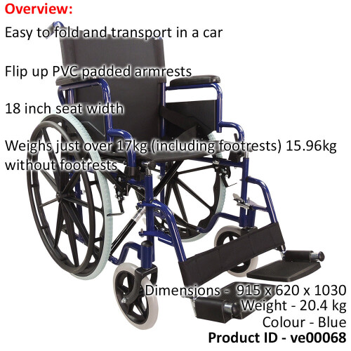 Loops Lightweight Self Propelled Steel Transit Wheelchair - Foldable Design - Blue 1
