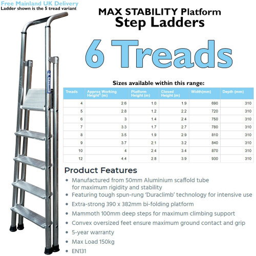 Loops 1.4m MAX STABILITY Platform Step Ladders 6 Tread Anti Slip Aluminium DIY Steps 1