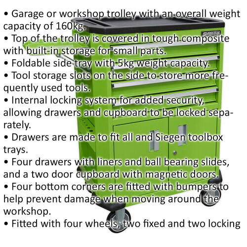 Loops Mobile Tool Trolley - 4 Drawer & 2 Cupboard Workshop Trolley - Folding Side Tray 1