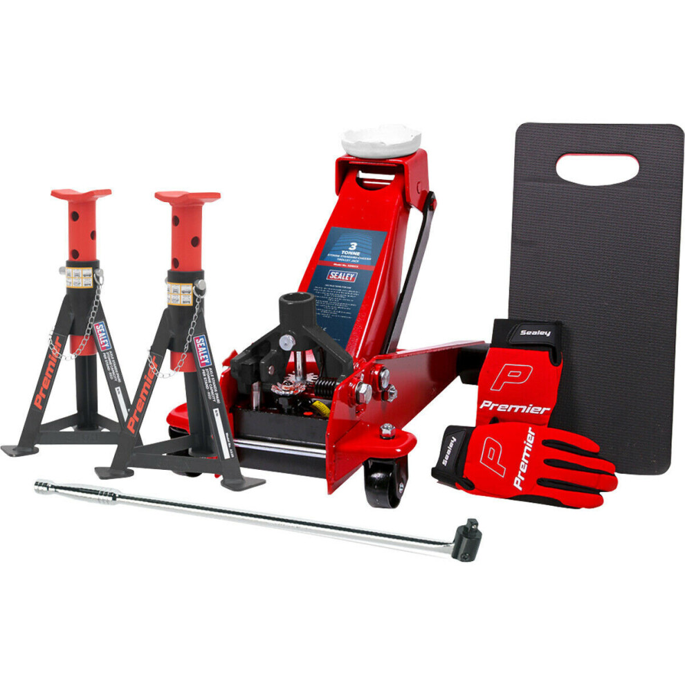 Loops Hydraulic Trolley Jack Kit - Breaker Bar - Axle Stands - Mechanics Gloves & Mat