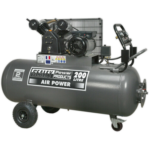 Loops 200 Litre Belt Drive Air Compressor - Front Control Panel - 3hp Electric Motor