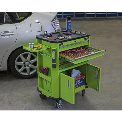 Loops Mobile Tool Trolley - 4 Drawer & 2 Cupboard Workshop Trolley - Folding Side Tray 2