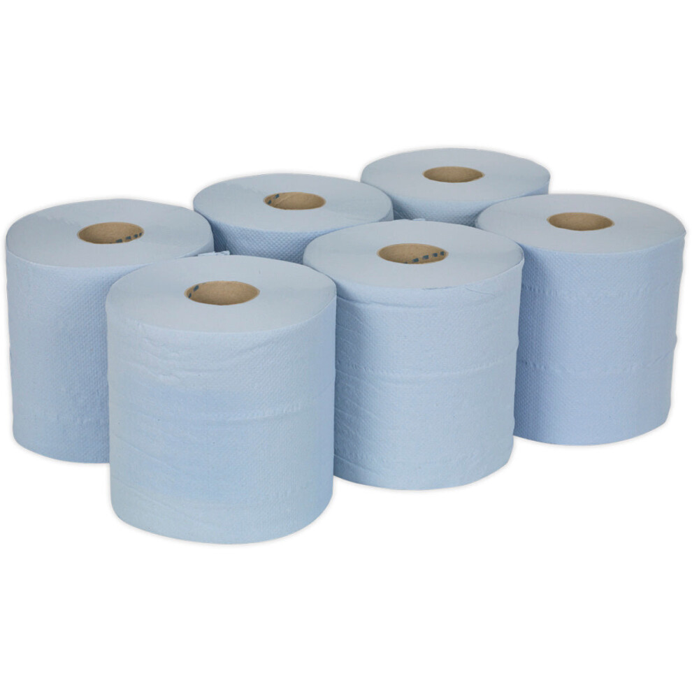 6 PACK 150m Blue 2-Ply Embossed Paper Roll - 190mm Wide - Perforated Paper Wipes