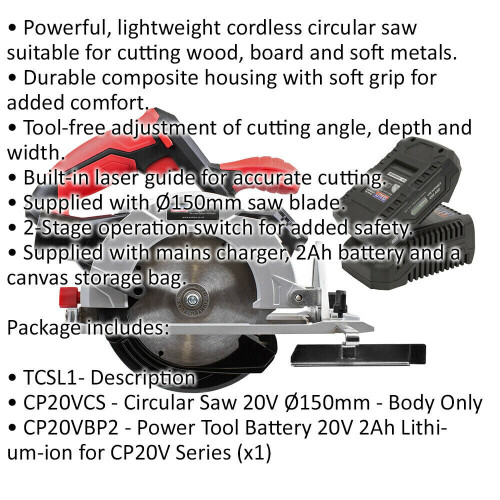 Loops 20V 150mm Cordless Circular Saw Kit - Powerful Laser Guided Cutter With Guide 1