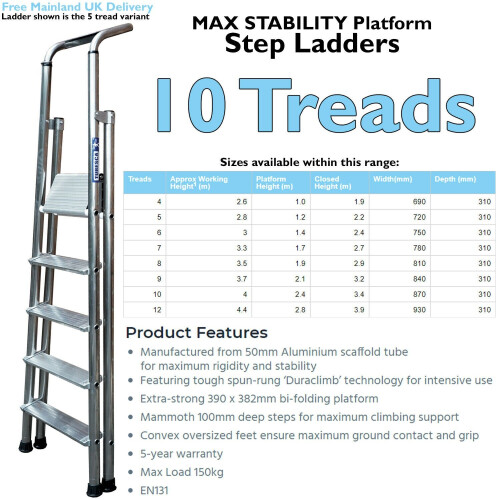 Loops 2.4m MAX STABILITY Platform Step Ladders 10 Tread Anti Slip Aluminium DIY Steps 1