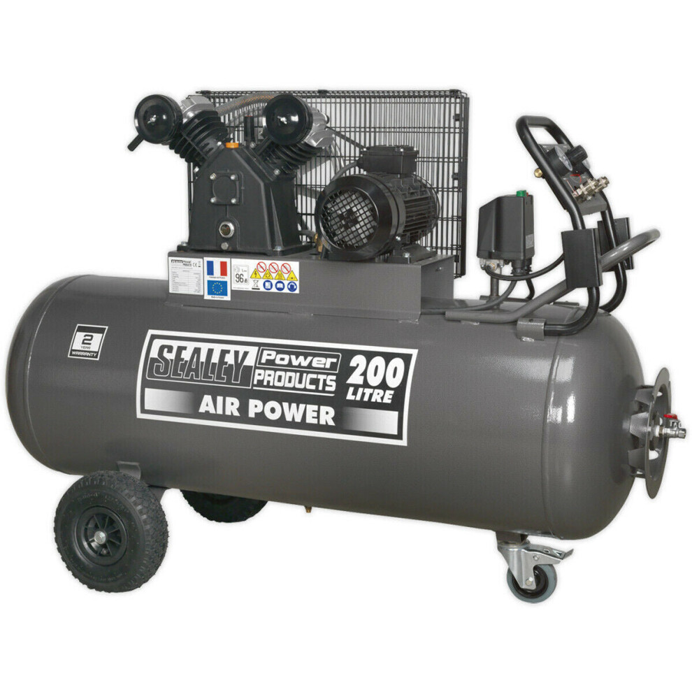 200 Litre Belt Drive Air Compressor - Front Control Panel - 3-Phase 3hp Motor