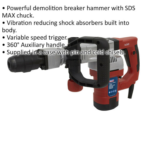 Loops 1300W SDS Max Demolition Breaker Hammer - Shock Absorbers - Variable Speed 1