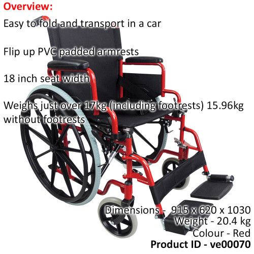 Loops Lightweight Self Propelled Steel Transit Wheelchair - Foldable Design - Red 1