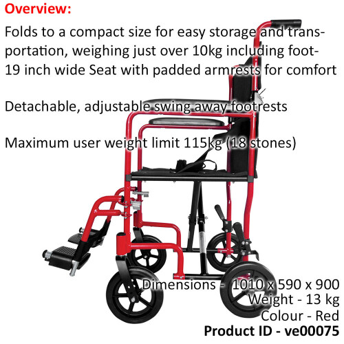 Loops Compact Attendant Propelled Lightweight Aluminium Transit Wheelchair - Red 1