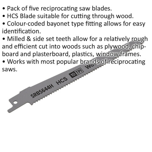 Loops 5 PACK 150mm HCS Reciprocating Saw Blade - 10 TPI - Milled Side Set Teeth 1
