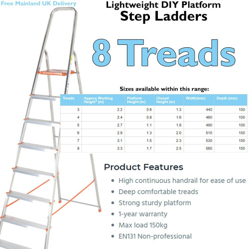 Loops 1.7m Lightweight Aluminium Platform Step Ladders 8 Tread Anti Slip DIY Steps 1