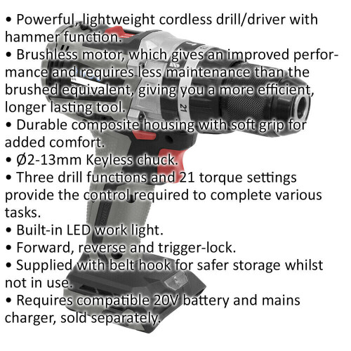 Loops 20V Brushless Hammer Drill Driver - 13mm Keyless Chuck - LED Light - Body Only 1