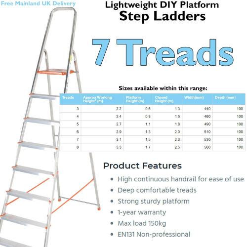 Loops 1.5m Lightweight Aluminium Platform Step Ladders 7 Tread Anti Slip DIY Steps 1
