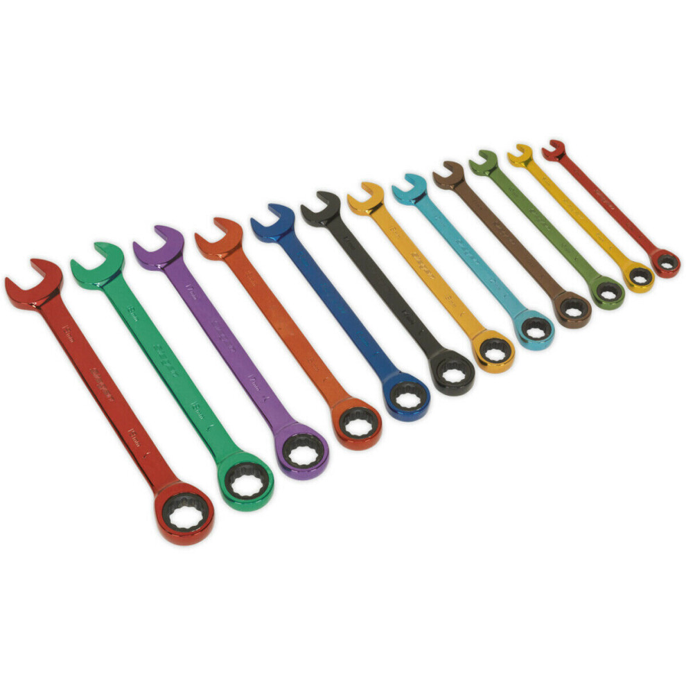12pc MULTI COLOUR Combination Ratchet Spanner Kit - Hardened Metric Socket Ring