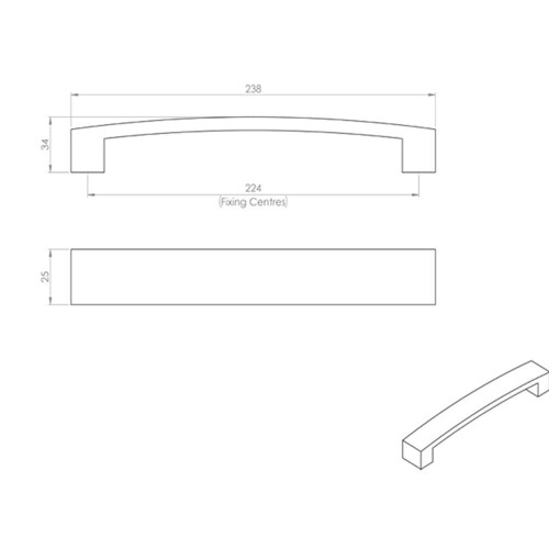 Loops 4x Flat Curved Bow Pull Handle 238 x 25mm 224mm Fixing Centres Satin Nickel 2