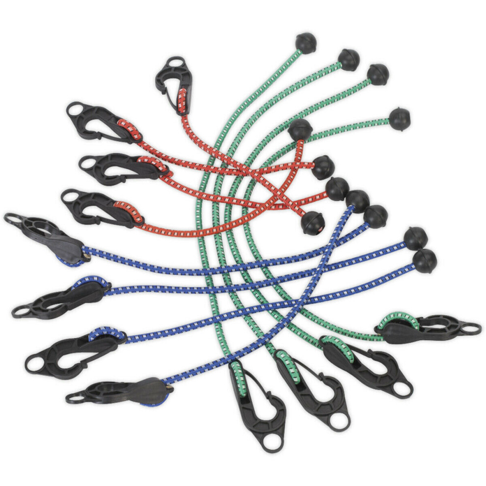 Loops 12 Pack Assorted Tarpaulin Cord Set - Ball-Ended Bungee Cords - Detachable Hook