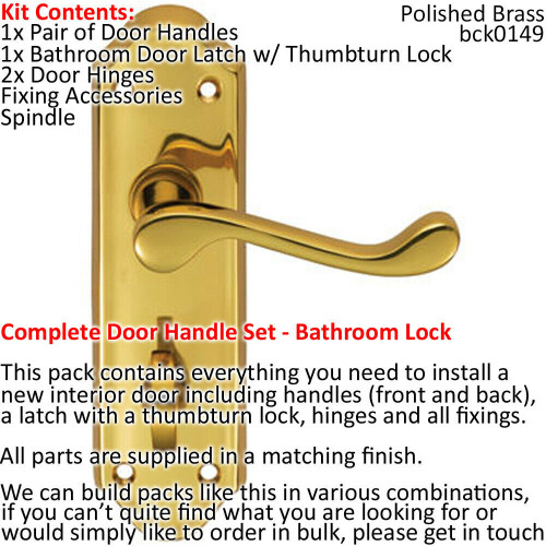 Loops Door Handle & Bathroom Lock Pack Brass Victorian Scroll Lever Turn Backplate 1