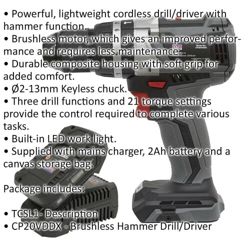 Loops 20V Brushless Hammer Drill Driver Kit - Includes 2Ah Battery & Charger - Bag 1