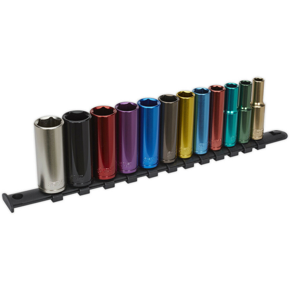 12 PACK Multi Colour DEEP Socket Set 3/8" Metric Square Drive - 6 Pt WallDrive