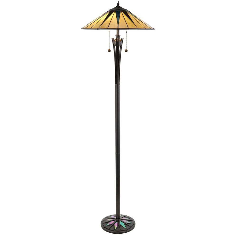 1.5m Tiffany Twin Floor Lamp Black & Multi Colour Stained Glass Shade i00009