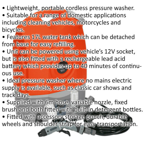 Loops 17L Rechargeable Pressure Washer - 6m Hose - Variable Nozzle - Cordless 1