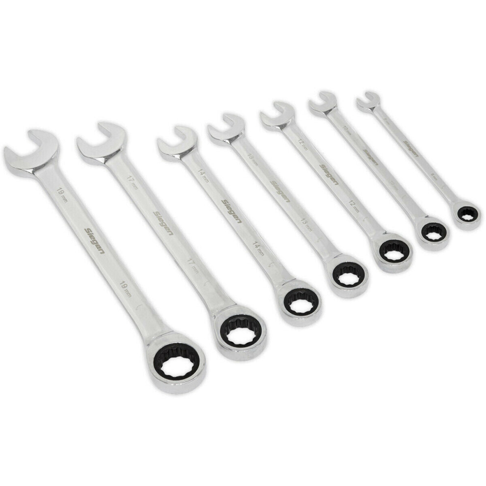 7pc Ratchet Combination Spanner Set - 12 Point Metric Ring Open Head Nut Wrench