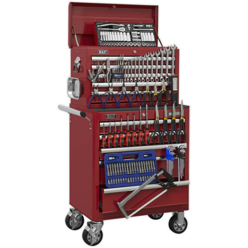 Loops Heavy Duty 10 Drawer Topchest & Rollcab Bundle - 147 Piece Tool Kit - Red