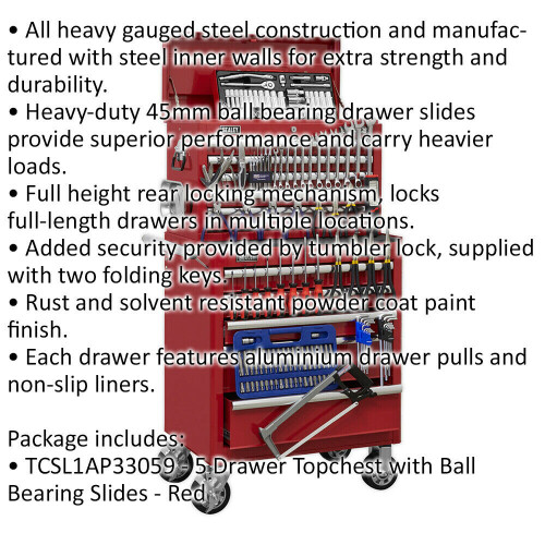 Loops Heavy Duty 10 Drawer Topchest & Rollcab Bundle - 147 Piece Tool Kit - Red 1
