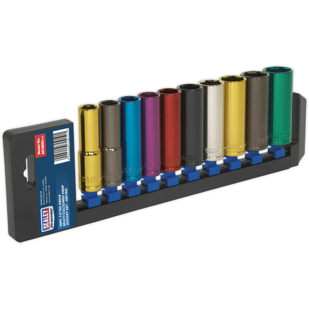 Loops 10 Pack Multi Colour Deep Socket Set 1/2" Metric Square Drive - 6 Pt Walldrive
