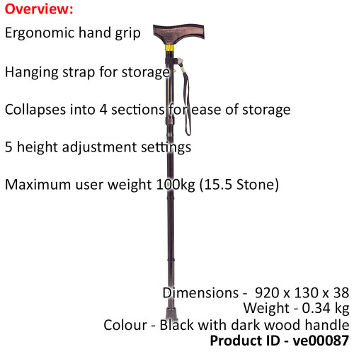 Loops Collapsible Walking Stick with Ergonomic Wooden Handle - 5 Height Settings 1