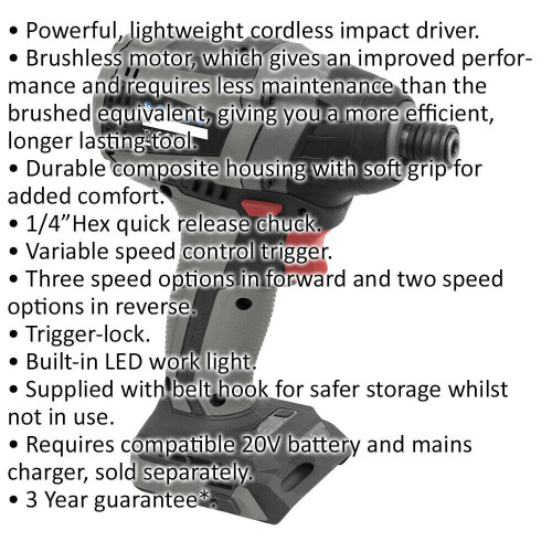 Loops 20V Brushless Impact Driver - 1/4" Hex Drive - BODY ONLY - Variable Speed 1