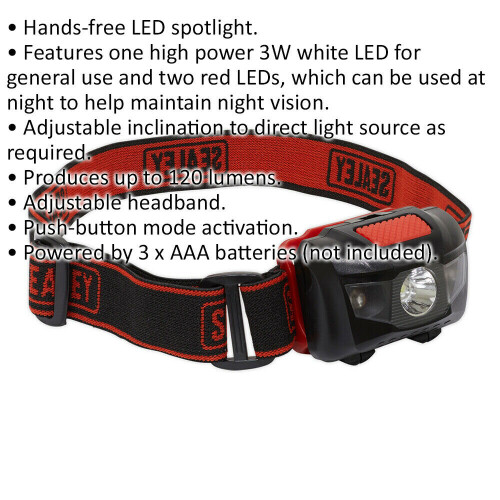 Loops 3W LED Head Torch Spotlight - Adjustable Headband - White LED & 2 x Red LEDs 1