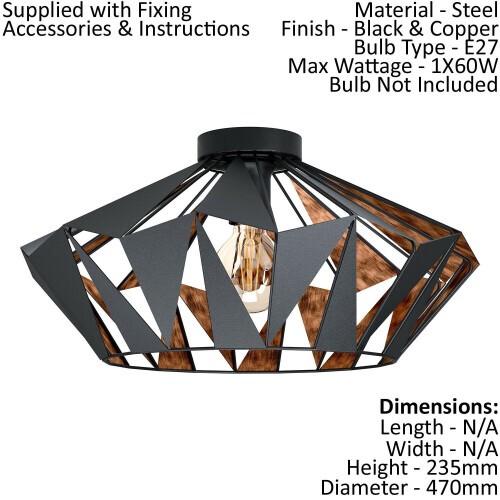 Loops Low Ceiling Light & 2x Matching Wall Lights Black & Copper Geometric Shade 1