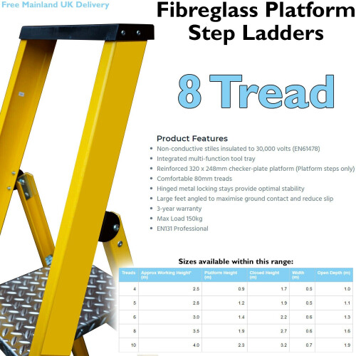 Loops 1.9m FIBREGLASS Platform Step Ladders 8 Tread Professional Lightweight Steps 1