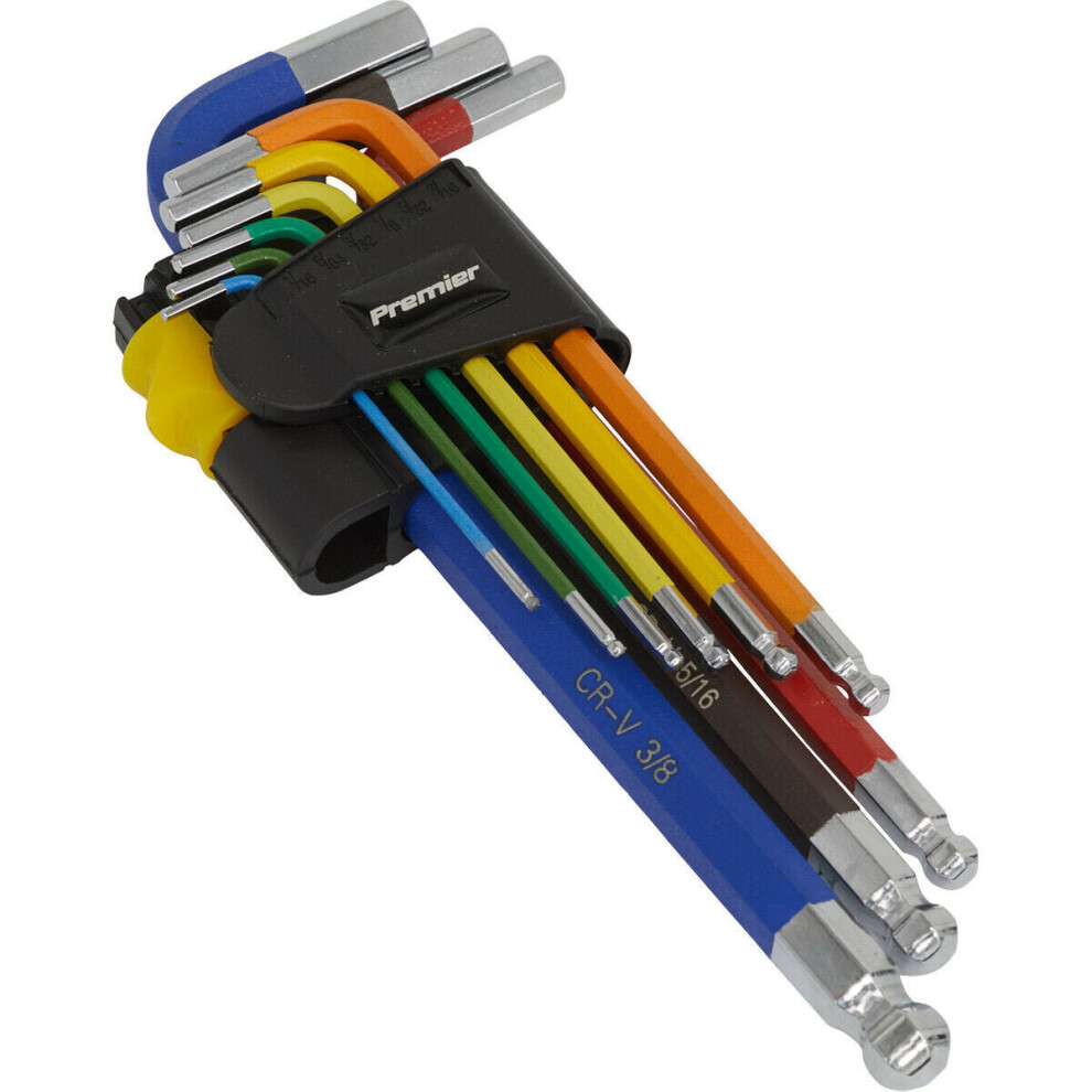 9 Piece Colour Coded Long Ball-End Hex Key Set - Imperial Sizing - Anti-Slip