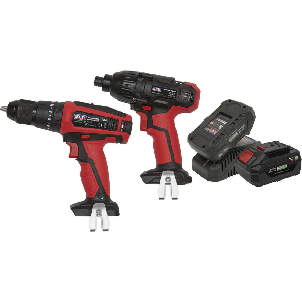 2x Cordless Power Tool Set & Li-Ion Battery - Hammer Drill & Impact Driver