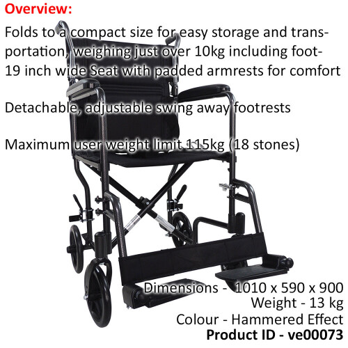 Loops Compact Attendant Propelled Lightweight Aluminium Transit Wheelchair - Hammered 1
