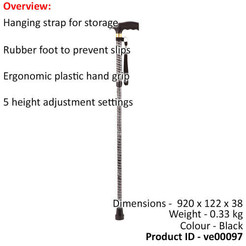 Loops Black Extendable Walking Stick with Plastic Handle - Engraved Pattern - Foldable 1