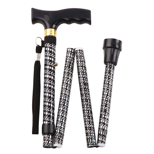 Loops Black Extendable Walking Stick with Plastic Handle - Engraved Pattern - Foldable 2