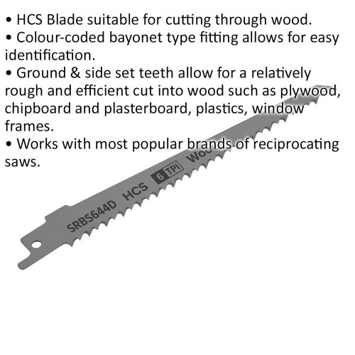 Loops 5 PACK 150mm HCS Reciprocating Saw Blade - 6 TPI - Milled Side Set Teeth 1