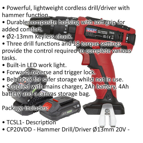 Loops 20V Hammer Drill Driver Kit - Includes 2 x Batteries & Charger - Storage Bag 1